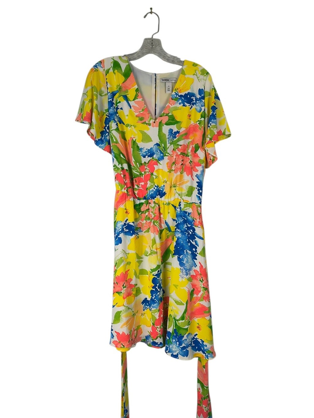 White Floral V-Neck Flutter Sleeve Dress – Yellow, Blue & Coral